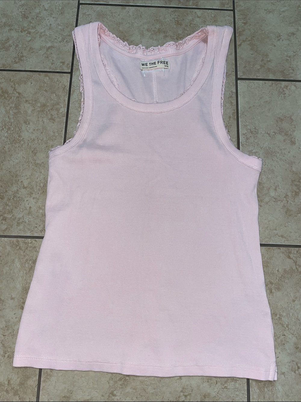 We The Free Light Pink Ribbed Tank Top with Lace Trim